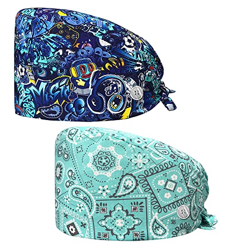 niaahinn 2 Pieces Hospital Work Caps with Buttons Adjustable Sweatband Head Hair Covers Unisex Tie Back Hats Variety of Styles (22212-22218)