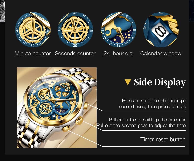 Image of OLEVS Skeleton Watch for Men Stainless Steel Chronograph Watch for Men Classic Waterproof Mens Watches with Date Luxury Business Men's Analog Wrist Watches, relojes para Hombres Blue /Black /Gold /White
