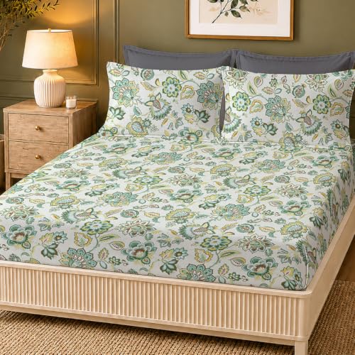 Image of LANE LINEN Symphony 100% Cotton 144TC King Bedsheet Set, 3 Piece, Printed | Printed 3-Piece Set With 1 King Fitted Bedsheet (1.83 x 1.98 M + 0.30D CM), 2 Pillow Covers, 144 TC, Soft & Breathable Cotton
