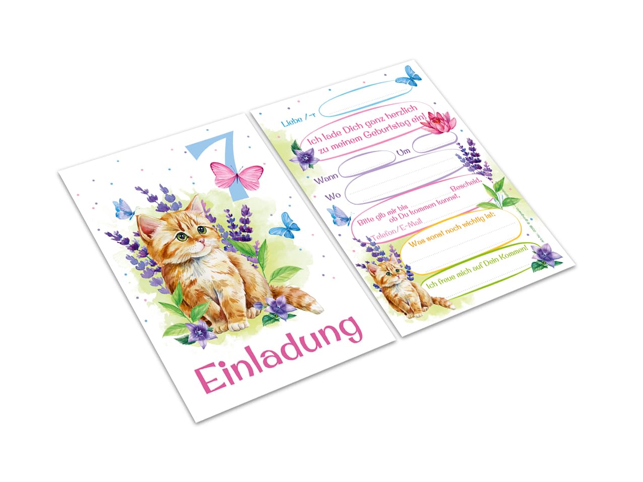 12 Biglietti D'Invito Per 7° Compleanno Bambina, Formato A6, Con Gatto, Stampati In Germania - 4