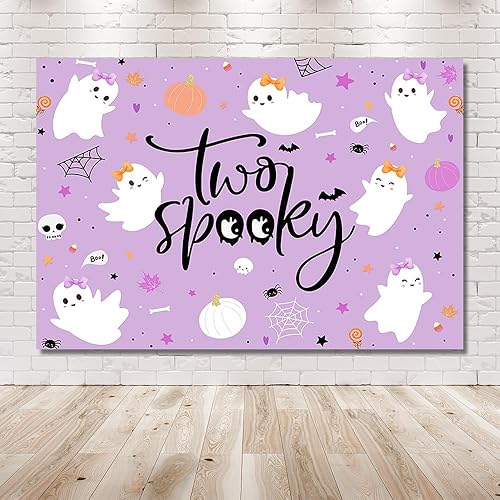 Miniatura 6 de MEHOFOND Telón de fondo de feliz cumpleaños de Halloween de 7 x 5 pies para niños, 2 segundo cumpleaños, Little Boo is Turrning dos suministros de