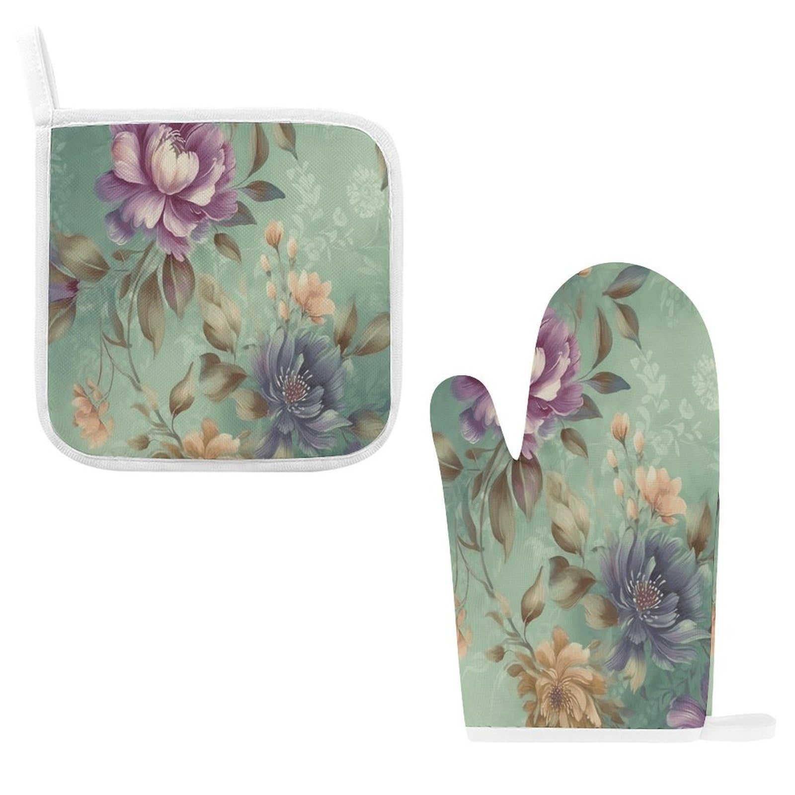 Fodpand Style Flowers On Green Background Oven Mitts And Pot Holders Sets