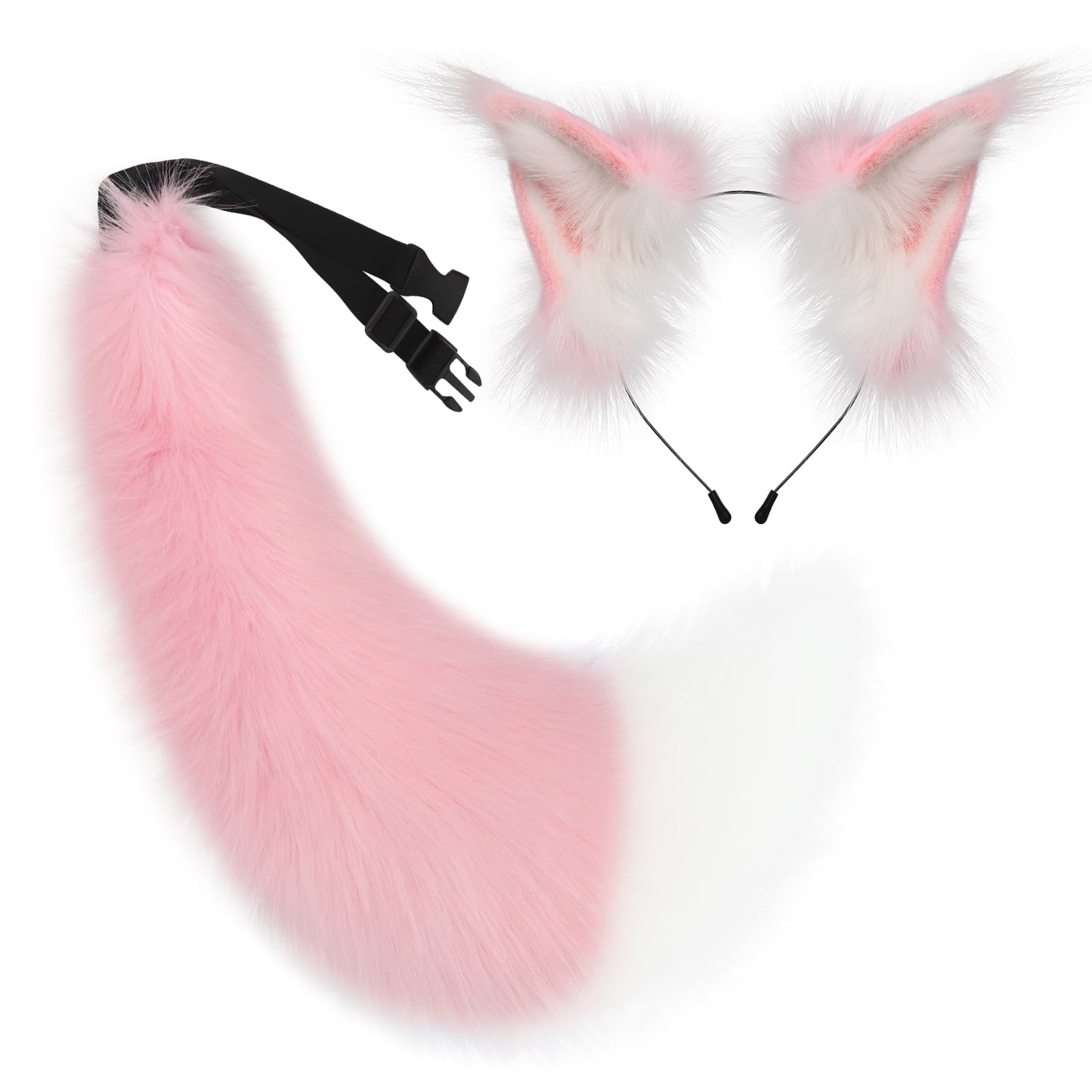COSYEARS Faux Fur Furry Cat Ears Headband and Fox Wolf Tail Plush Cosplay Costume Accessories Set Halloween Parties