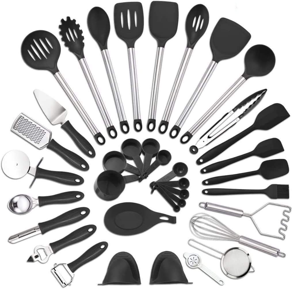 IUokLU Kitchen Cooking Utensil Set, Heat Resistant Kitchen Set 37Piece Cooking Utensils Silicon And Stainless Steel Non-stick Spatula Set Baking Tool Set Gift (Black)
