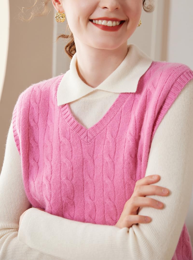 DISSA SPR2333 - Maglione da donna in cashmere con scollo a V, senza braccia, motivo a treccia
