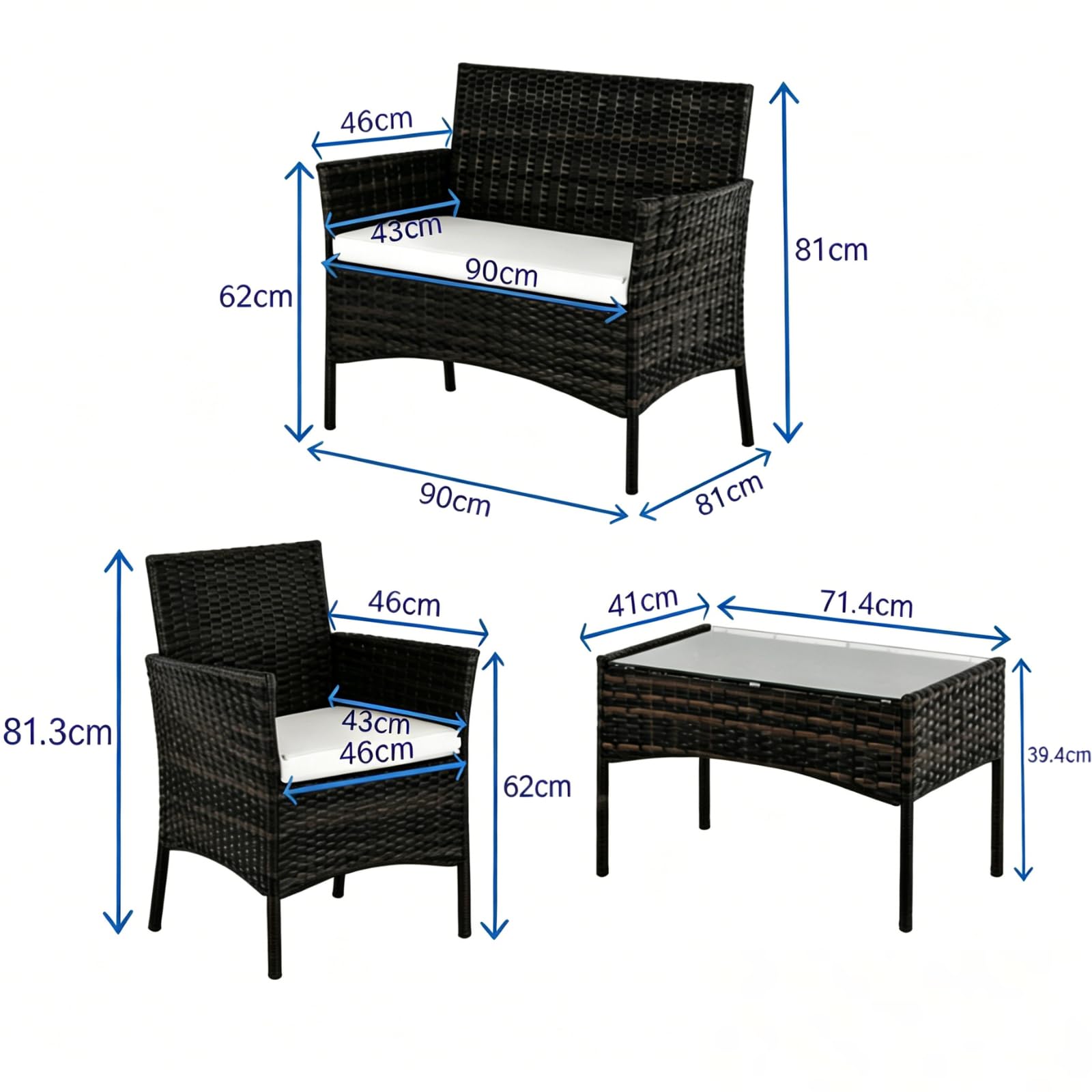 LEADZM Gartenmöbel, aus PE-Polyrattan, Balkonmöbel, Wetterfest,UV-Schutz, Sitzplätze für 4 Personen, Outdoor, für Terrasse, Balkon, Garten, Schwarz
