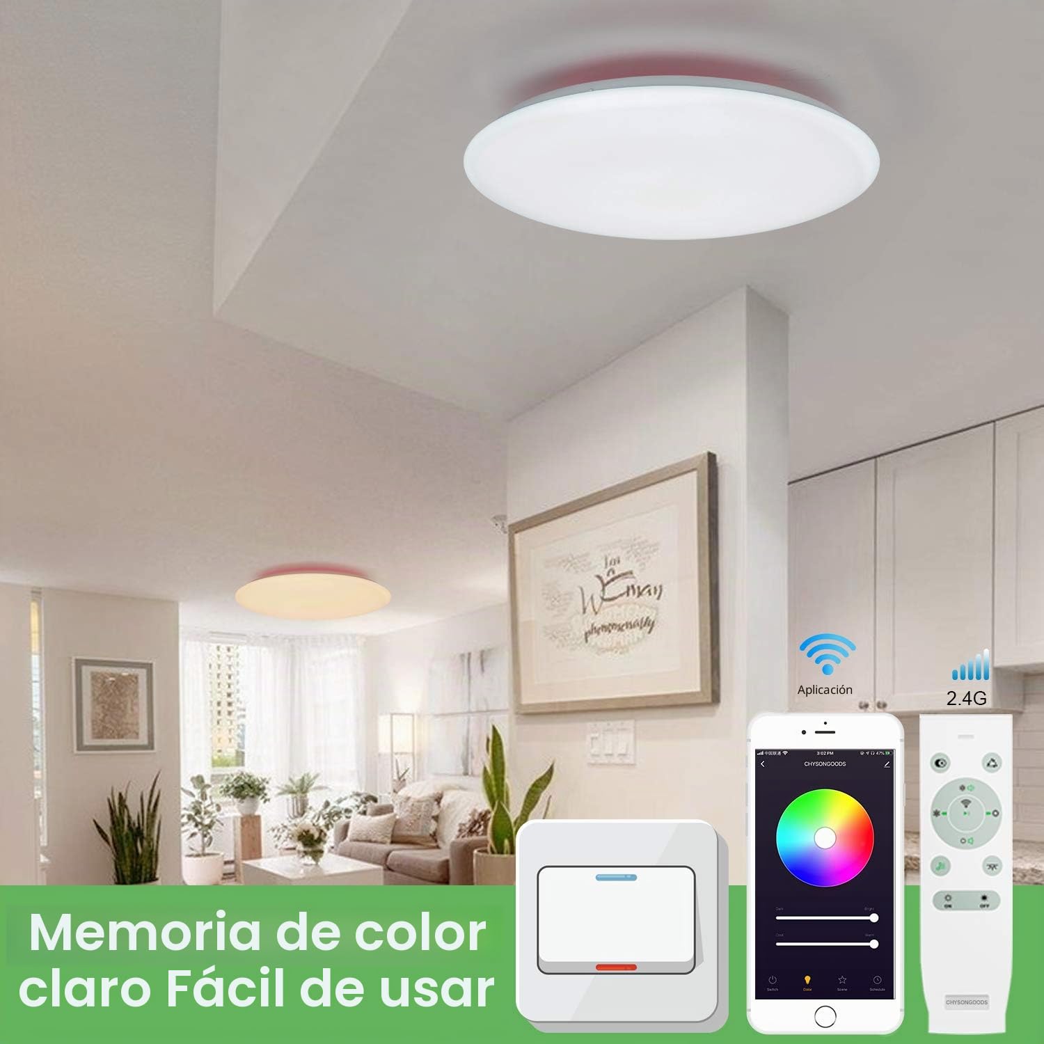 48W Φ50cm Plafón Led Lampara Techo Led Compatible Con WIFI Amazon Alexa Google Assinstant y Con Bluetooth Altavoz y Mando Luz Musica Regulable Cambia De Color Para Dormitorio Salon
