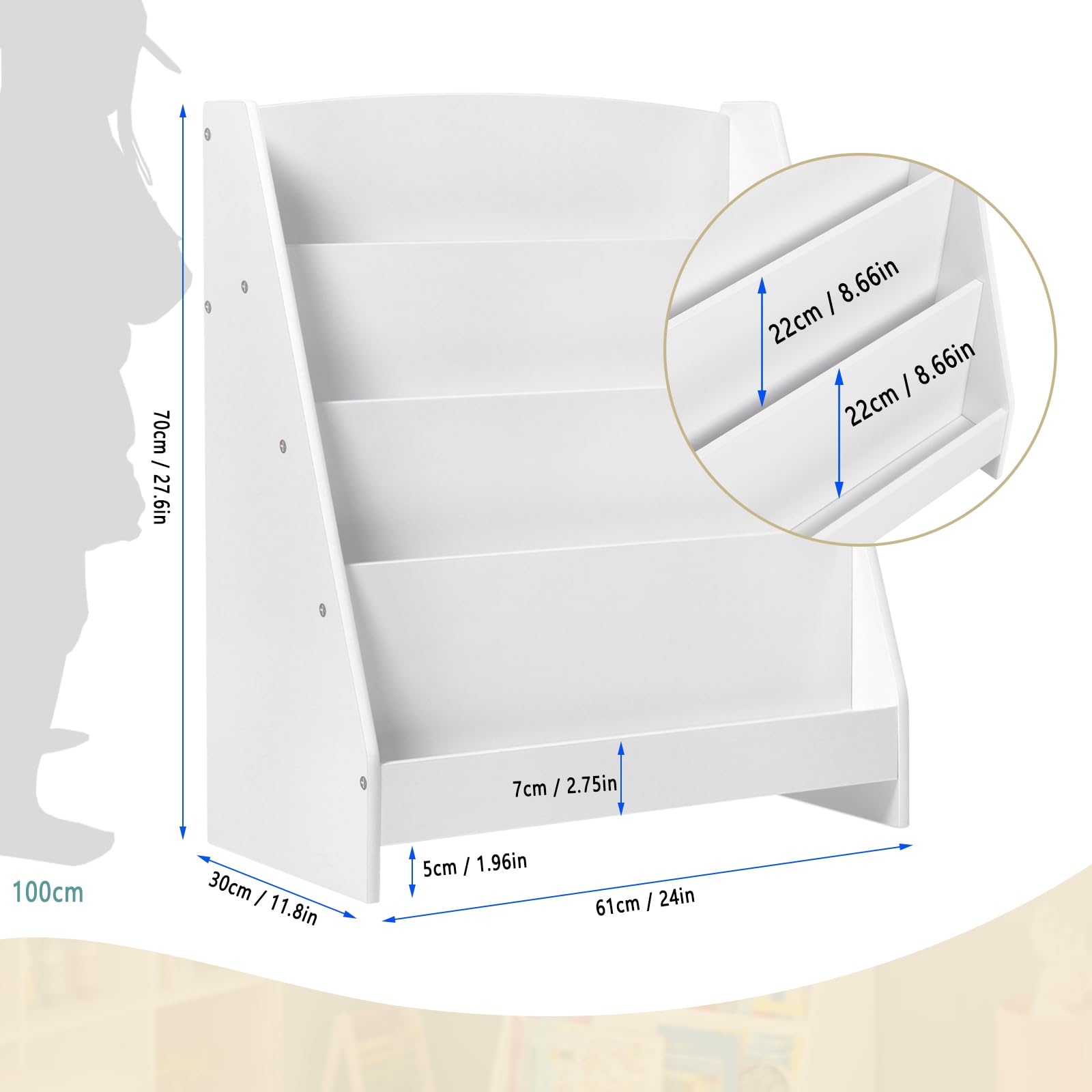 Lestarain Libreria Montessoriana per Bambini in Legno, Mobiletto Porta Libri con 4 Scomparti Aperti, Scaffale da Terra per Cameretta, Bianco, 61x30x70 cm
