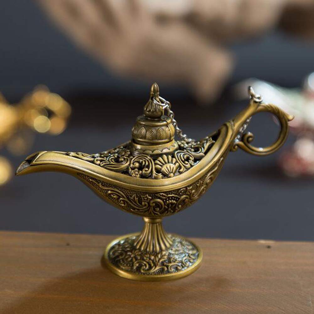 Voanzo Bronze Metal Carved Aladdin Magic Vintage Home Tea Oil Pot Arabian Art Craft Gift Rare Retro Legend Color Aladdin Genie Light (Bronze)