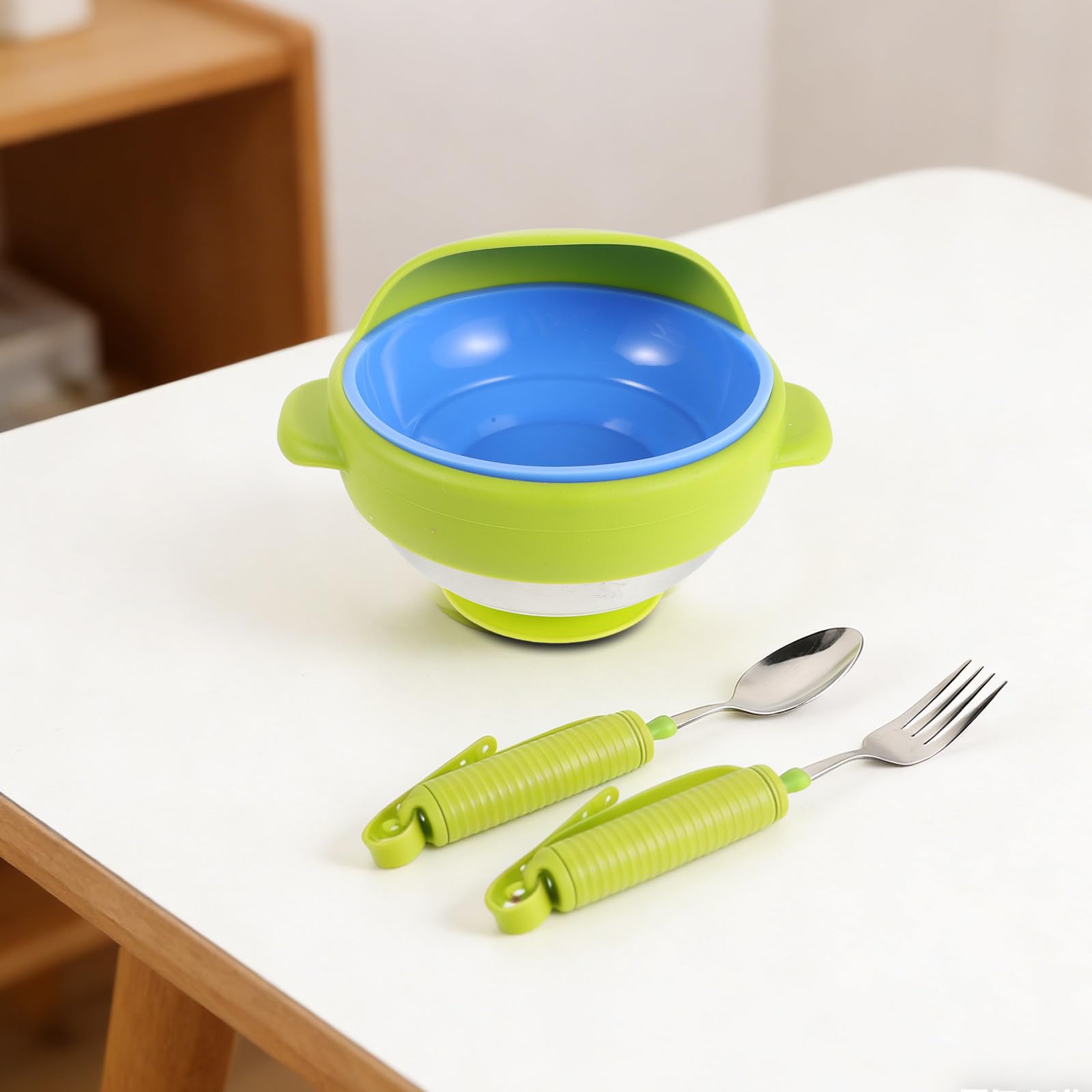 TEHAUX Juego de Cubiertos Antivibración Mango Ergonómico de Acero Inoxidable y Silicona para Personas Mayores, Vajilla Antiderrame para Entrenamiento y Alimentación Asistida en Casa