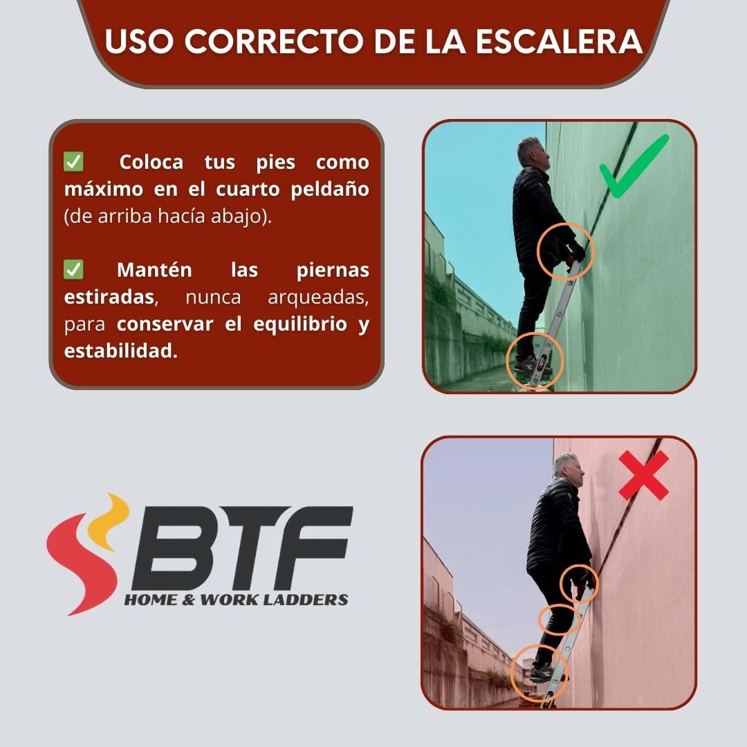 BTF Escalera de Apoyo en Aluminio - Escalera Simple 9 Peldaños, 2,5m, 1 Tramo, Ligera y Resistente, Certificada Carga Máx. 150 kg, Ideal para Obra y Hogar, Norma EN131.