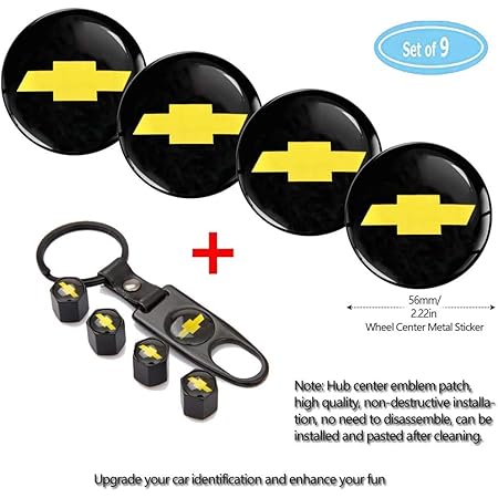 Fubai Auto Parts 4 Pack for Chevrolet Wheel Center Caps Emblem-Black,56MM/2.22' Rim Hub Emblem Badge Sticker + 4 Pack KeychainValve Covers Fit +1Pack Keychain
