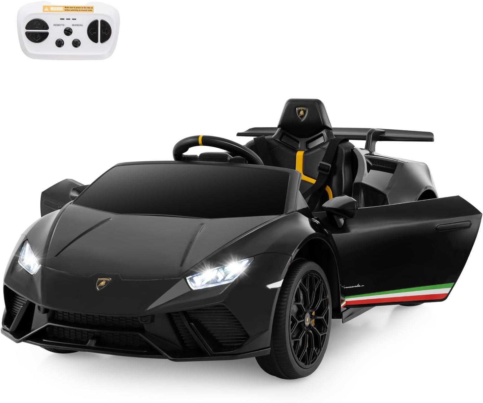 COSTWAY 12V Kids Electric Ride on Car with Remote Control, LED Lights, MP3, Music, Horn, Soft Start & Spring Shock Absorbers, Licensed Lamborghini Battery Powered Toy Vehicle for Boys Girls (Black)
