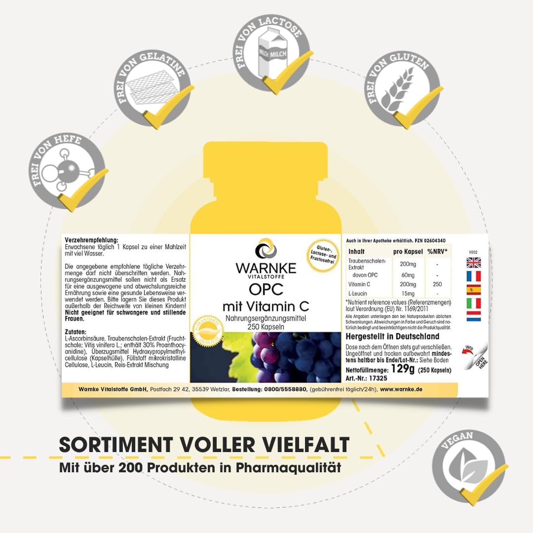 OPC Traubenschalenextrakt - 200mg Vitamin C + 60mg OPC pro Tagesdosis - 250 Kapseln - schluckfreundlich - vegan | Warnke Vitalstoffe - Deutsche Apothekenqualität