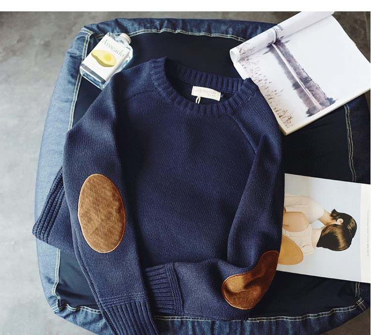 CORIRESHA Winter Vintage Men's Sweater Crew Neck Elbow Patch Thick Knit Sweater2