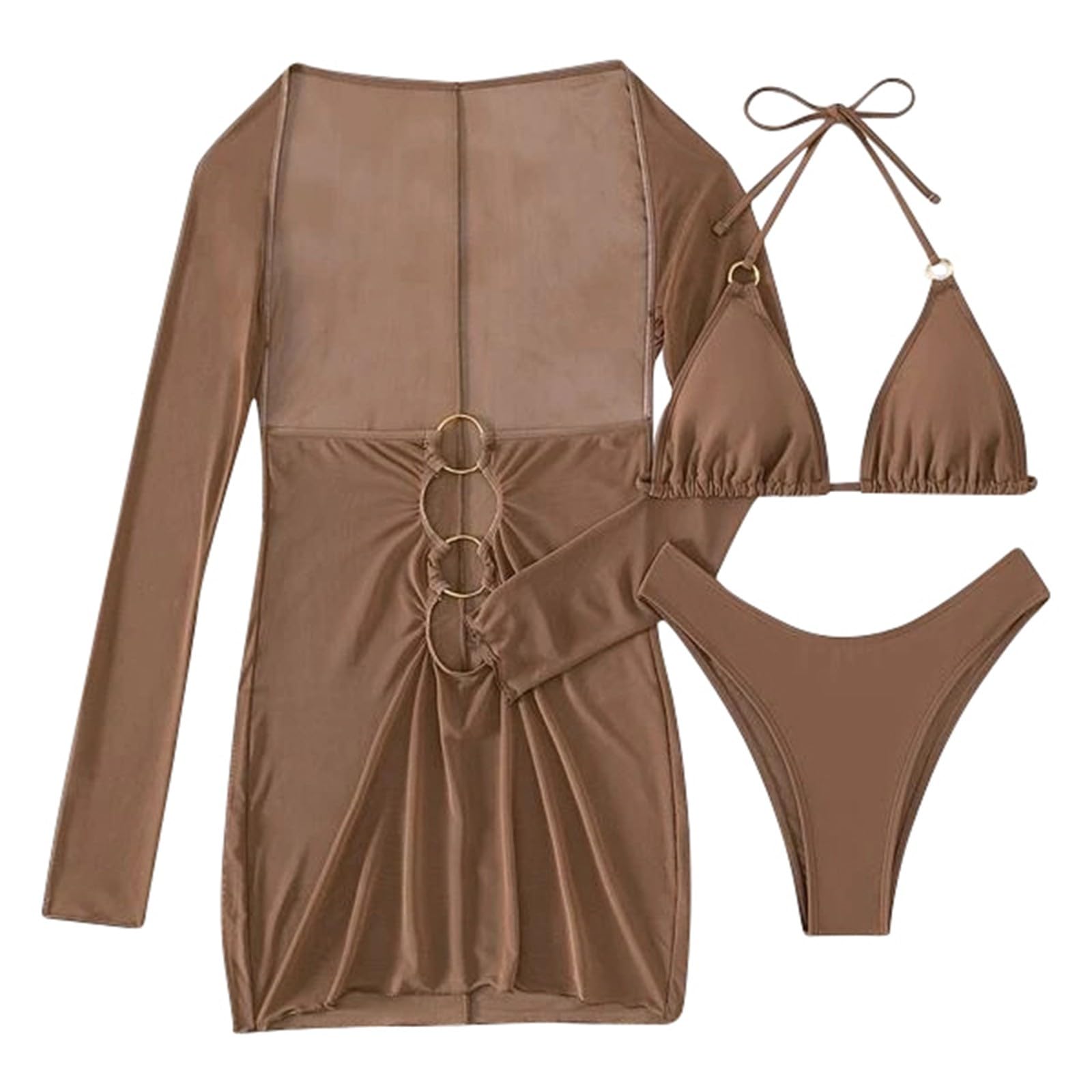 Generisch Costume da bagno da donna a 3 pezzi, sexy, alla moda, tinta unita, con divisa in rete, pantaloncini da spiaggia