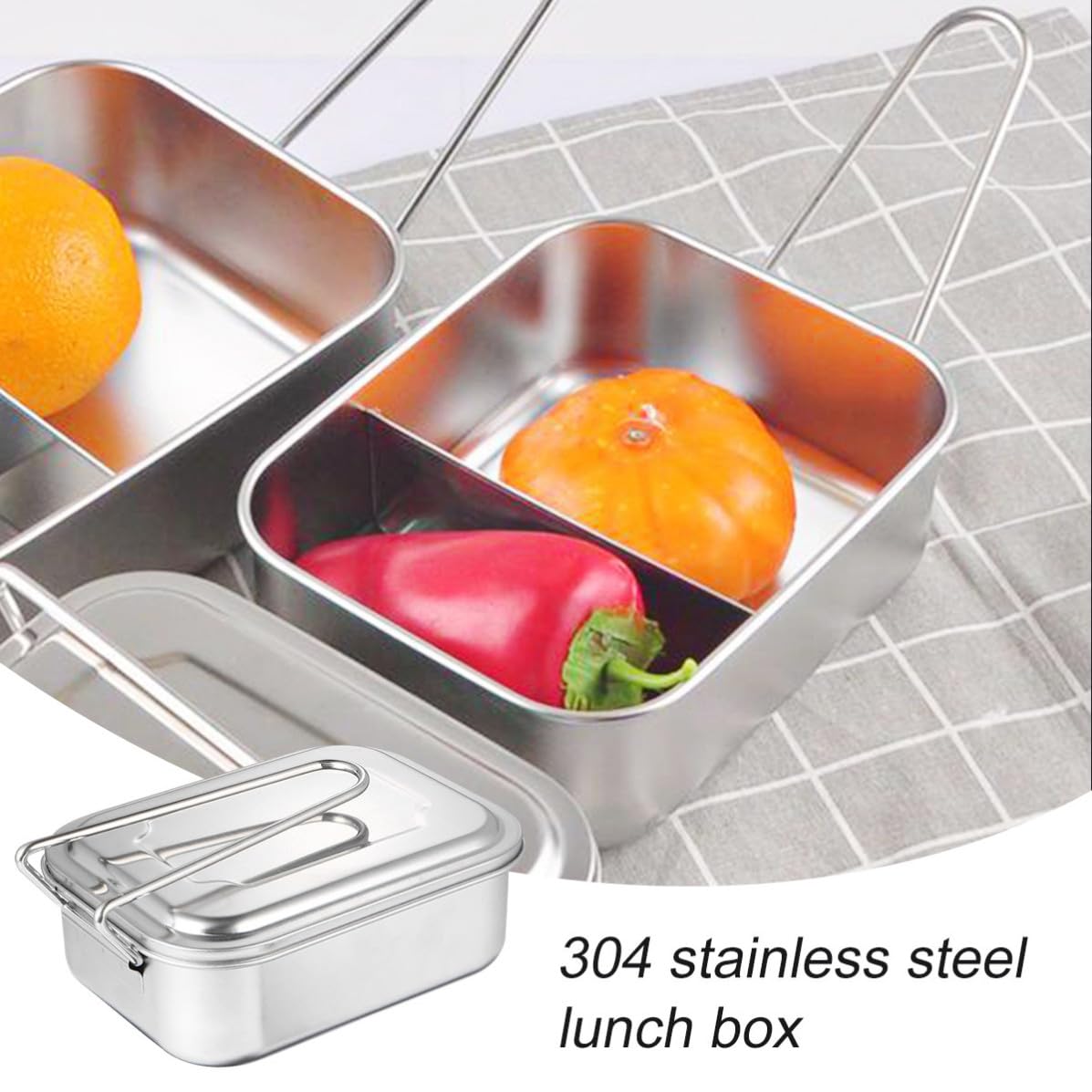 Operitacx Fiambrera de Acero Inoxidable y Mango Plegable con Tapa y 2 Compartimentos, Contenedor de Alimentos Cuadrado, Ahorro de Espacio y Mezcla de Huevos para Cocina