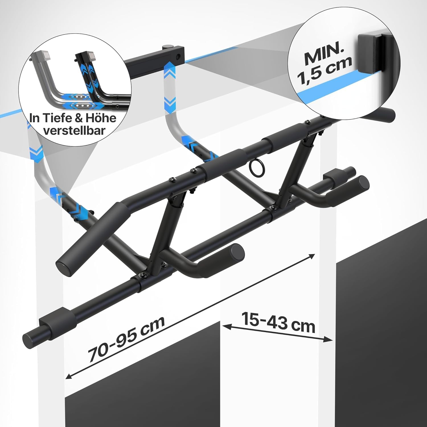 NEOLYMP Premium Klimmzugstange Türrahmen - Türreck mit einstellbarer Höhe, Breite & Tiefe 15–43 cm - Reckstange mit 150 kg Tragkraft - Pull-up Bar ohne Schrauben, einfach in Türrahmen einhängen