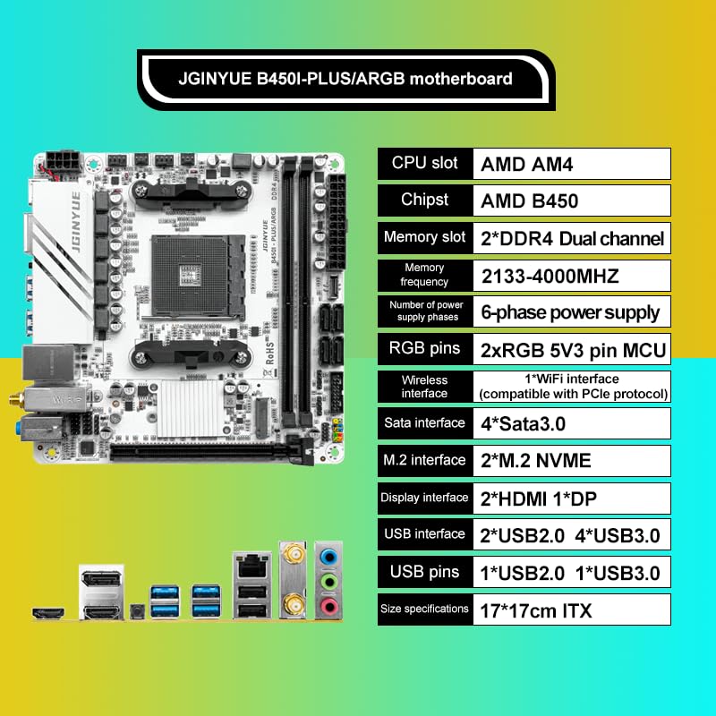 JGINYUE ITX AMD AM4 B450 ARGB Computer Motherboard supports DDR4