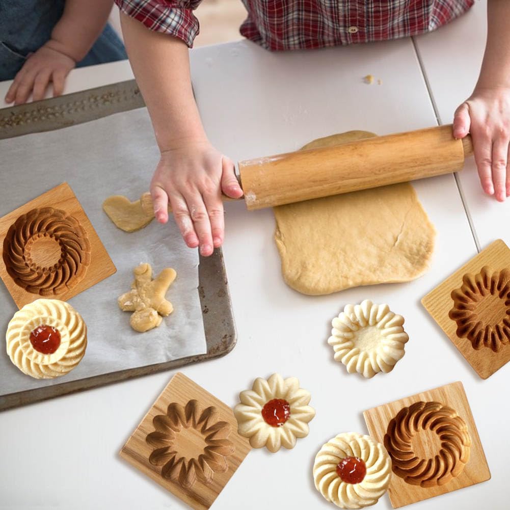 4 moldes de madera para galletas, moldes de galletas de madera, moldes de galletas 3D, divertido grabado en relieve, herramienta de horneado para Navidad, Halloween, Pascua, cocina, bricolaje