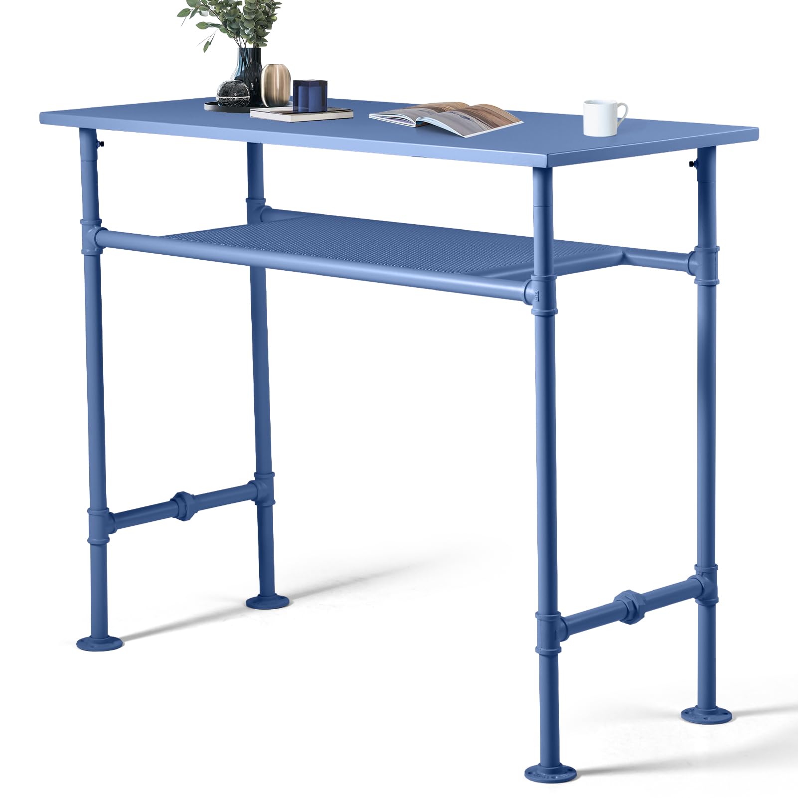 BOKKOLIK Industrial Modern High Bar Table - Rectangle Patio Table - Blue Metal Tall Pub Table with Storage Shelf - 49.2" x 19.7" x 41.3"
