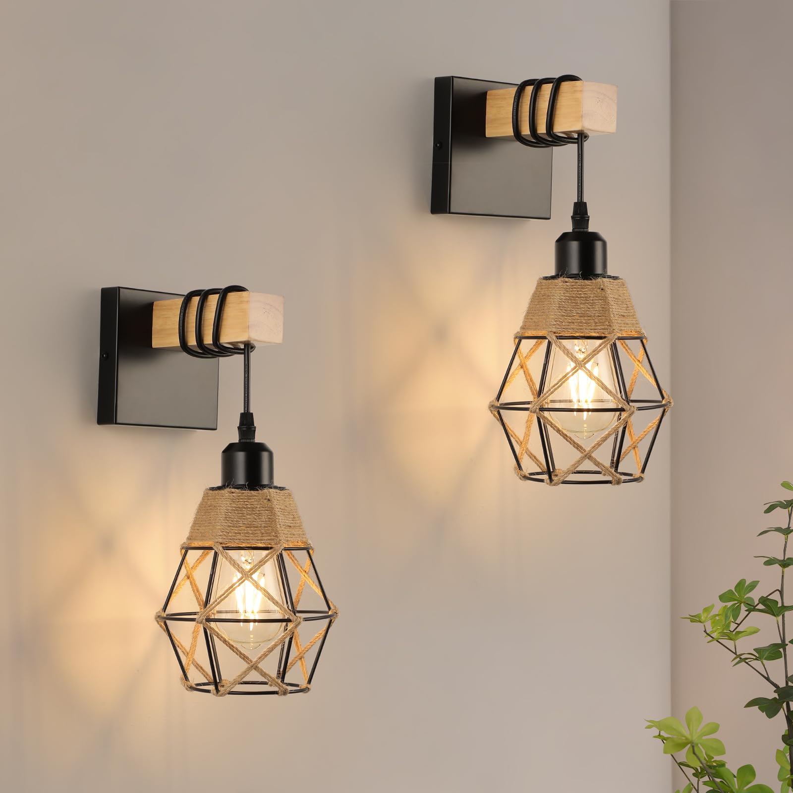 Apliques de pared para interior vintage de madera negra, apliques E27, fijaciones industriales, cuerdas rústicas, para salón, dormitorio, pasillo