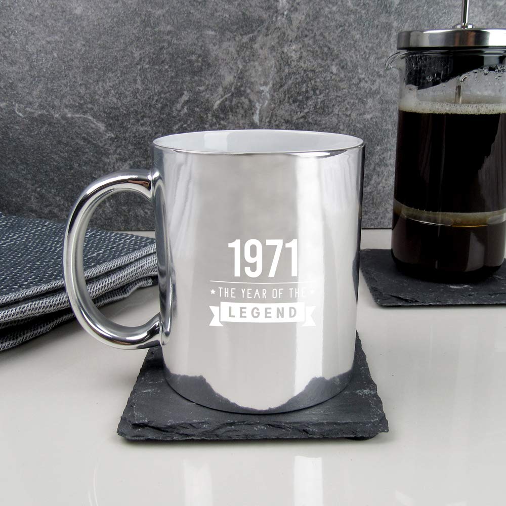 eBuyGB Fiftieth Gift for Dad Engraved Metallic Shiny Silver Coffee Mug-1971 Year of The Legend Design-50th Birthday, Men-350ml Tea Cup, Ceramic