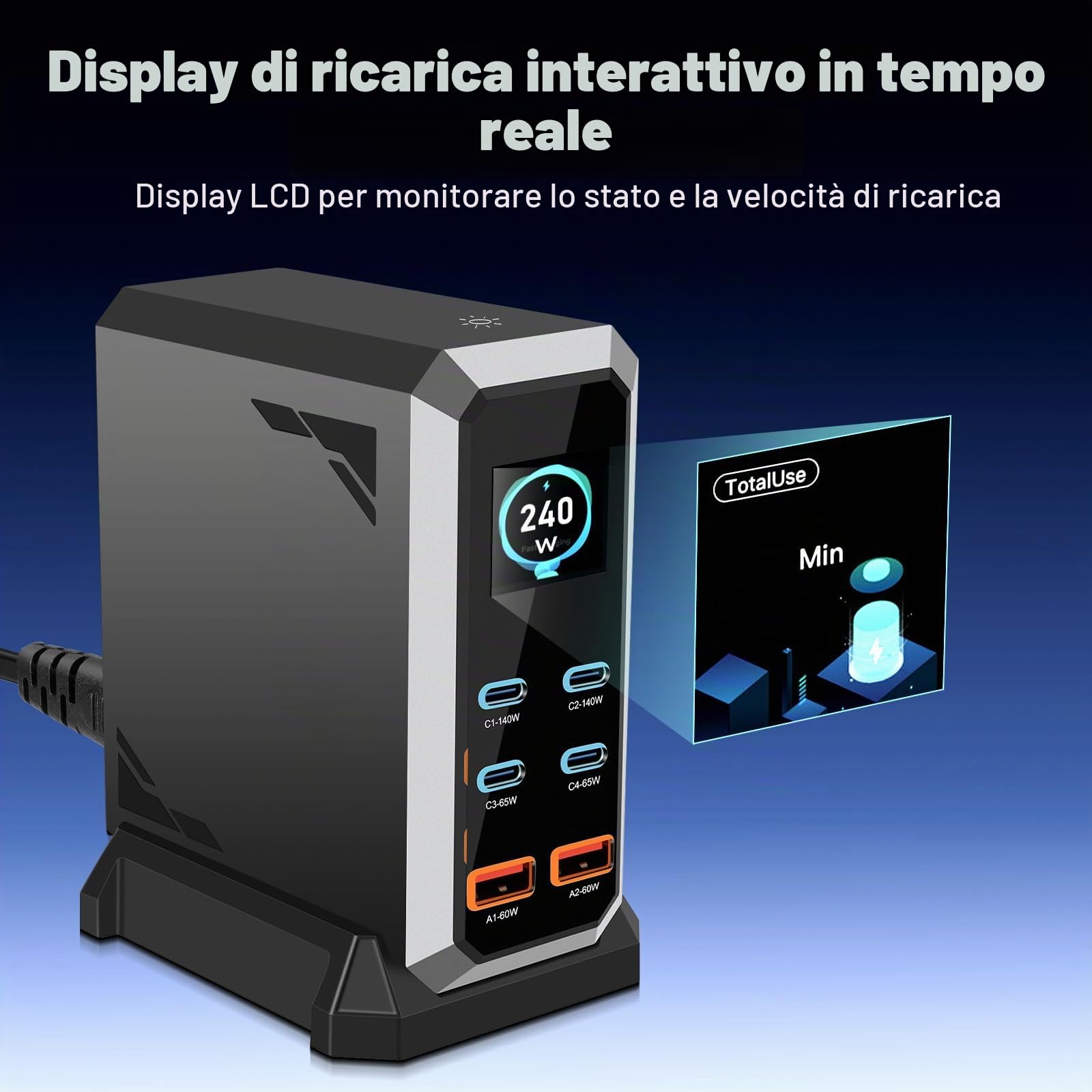 Caricatore USB C da 240 W, multiplo con 6 porte, GaN 3, USB, multiplo con 4 x USB-C e 2 x USB-A, PD140 W, 65 W, 60 W Power Delivery stazione di ricarica USB C per MacBook Pro/Air, iPhone, iPad