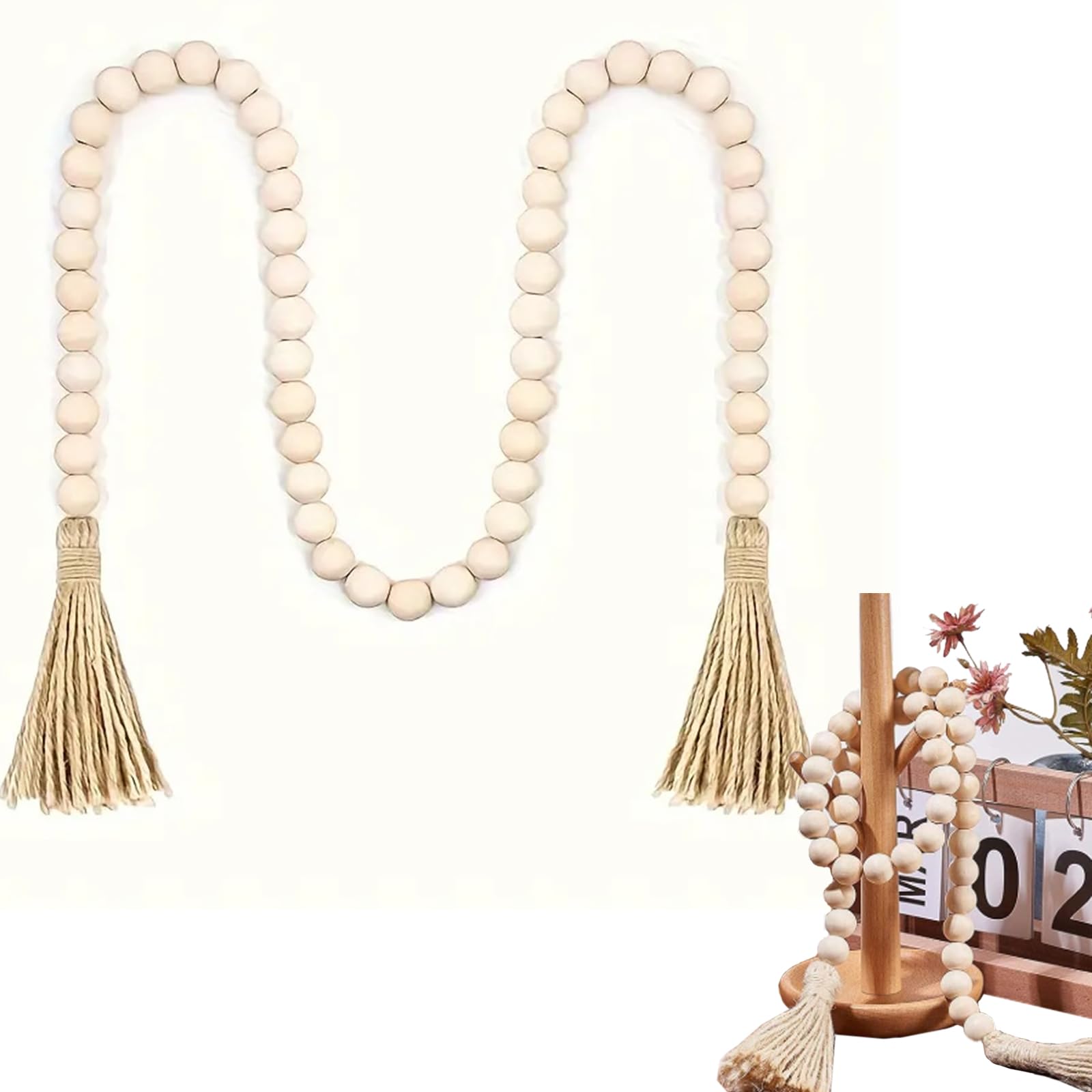 Holzperlen Girlande 100cm 16mm, 54 Holzperlen mit Quasten Deko | Holzperlenkette Naturholz, Perfekt für Wohnzimmer, Schlafzimmer, Weihnachtsbaum, Kamin oder Hochzeitsdeko