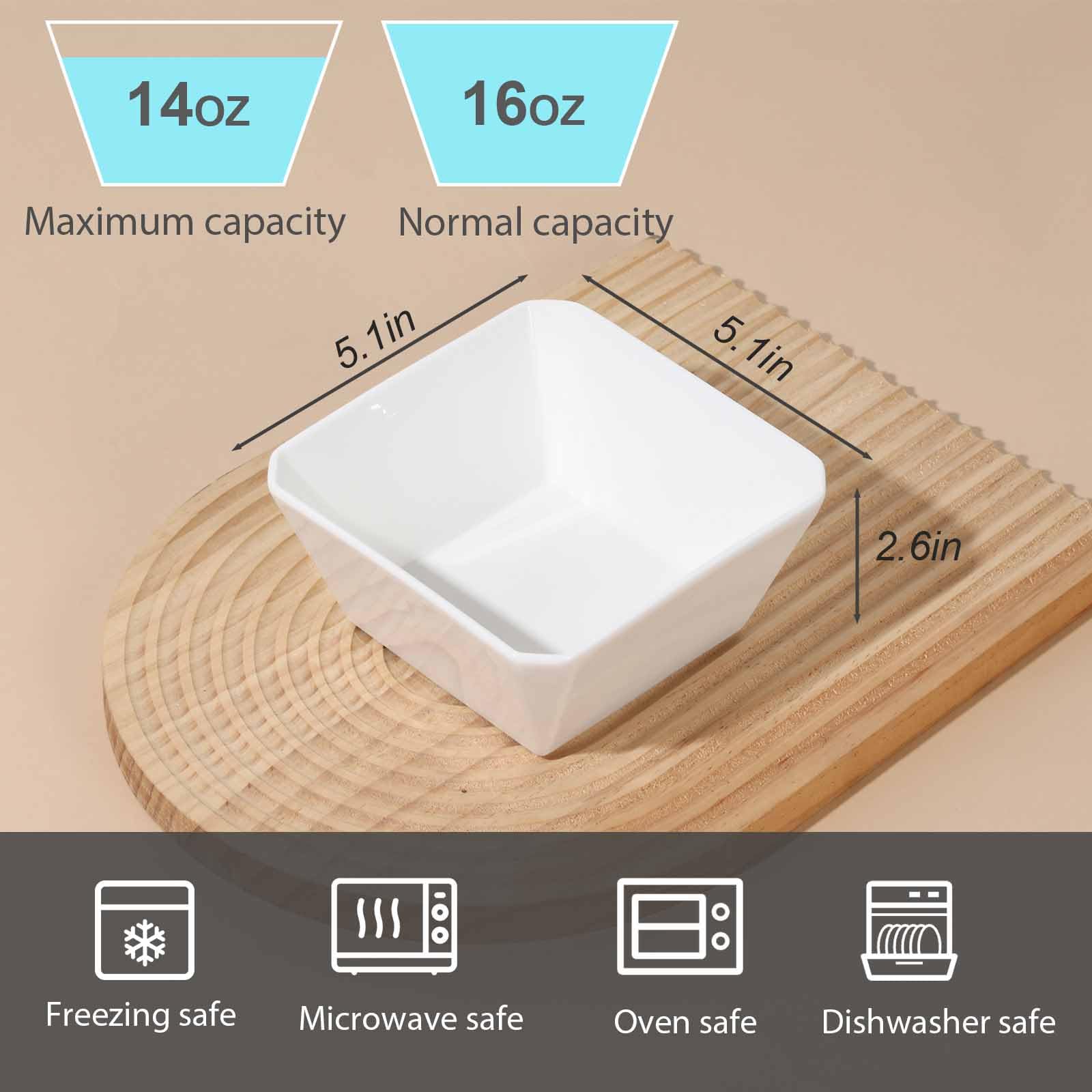Samsle Porcelanowe miski na płatki, 470 ml, zestaw kwadratowych misek do serwowania, 13 cm, białe ceramiczne miski do sałatek, zupy, przekąsek, deserów i marmolady, nadają się do zmywarki i kuchenki