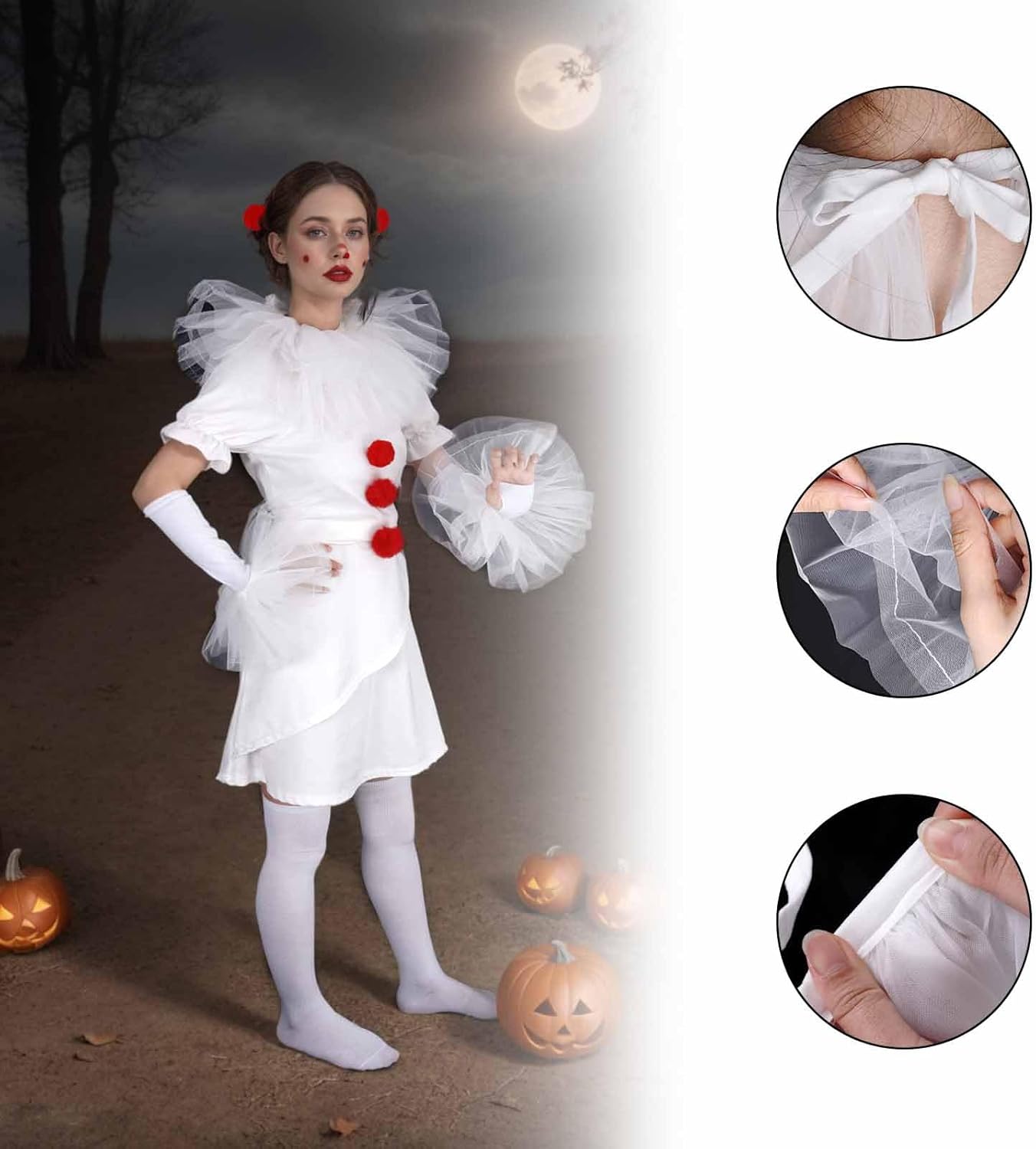 Tayfremn 12Pcs Halloween Clown Costumes Women Mesh Ruffle Neck Collar Cuffs Clown Accessories with Red Pom Poms Glove and Sock for Halloween Cosplay Party Women Girl - Image 3