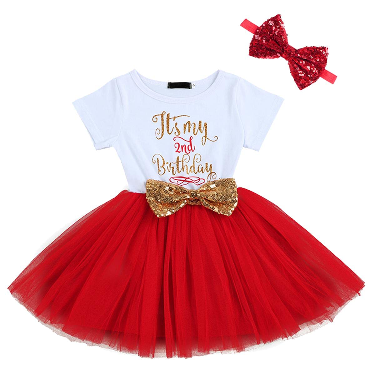 FYMNSI It's My 1st / 2nd Birthday Baby Toddler Kids Girl Cake Smash Tutu Dress Shiny Sequin Bow Headband Princess Party Outfit Photo Props Set 2pcs