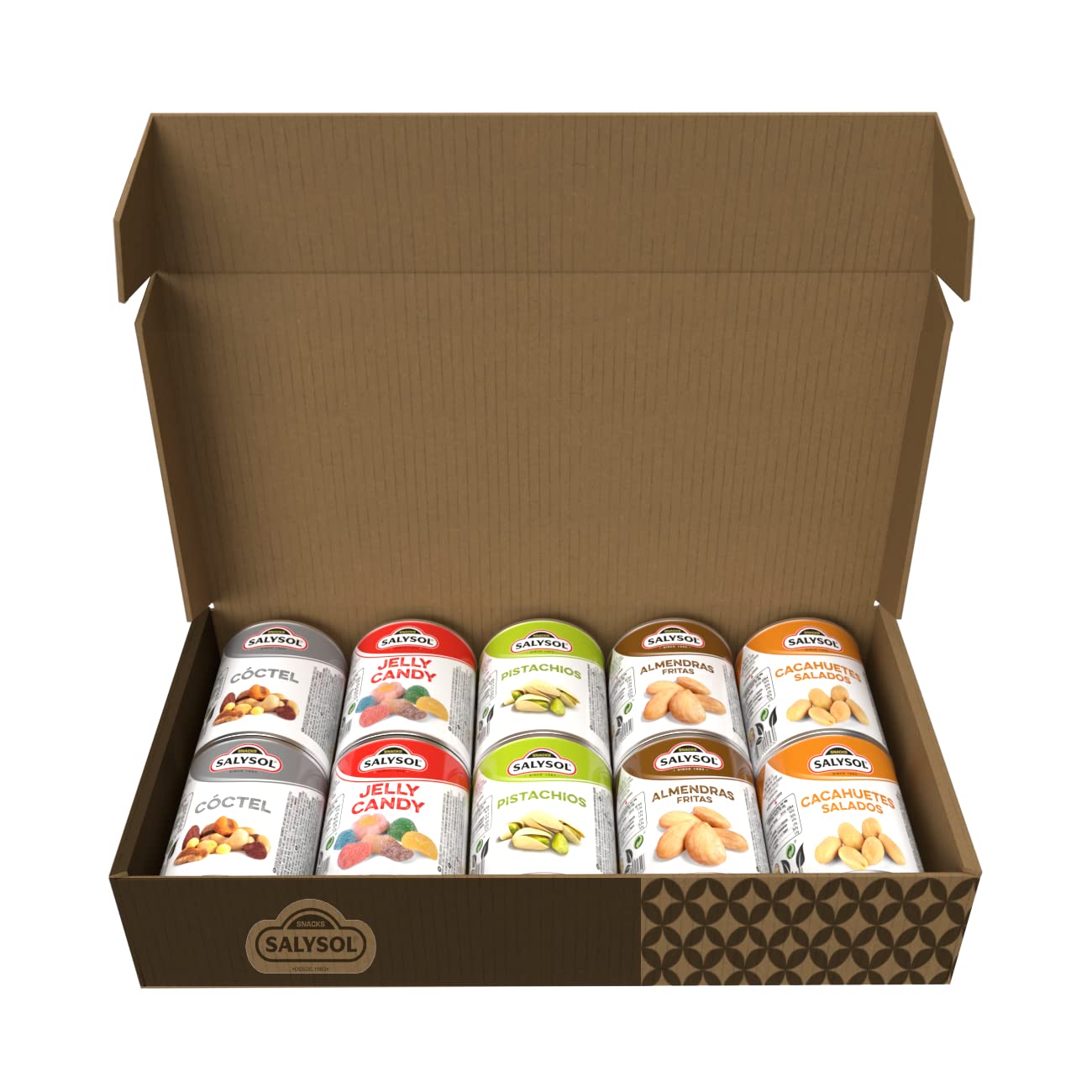 SALYSOL | Surtido frutos secos y snacks envasado al vacío 10x50gramos. Mix frutos secos, cacahuetes, pistachos, almendras, chuches con azúcar.