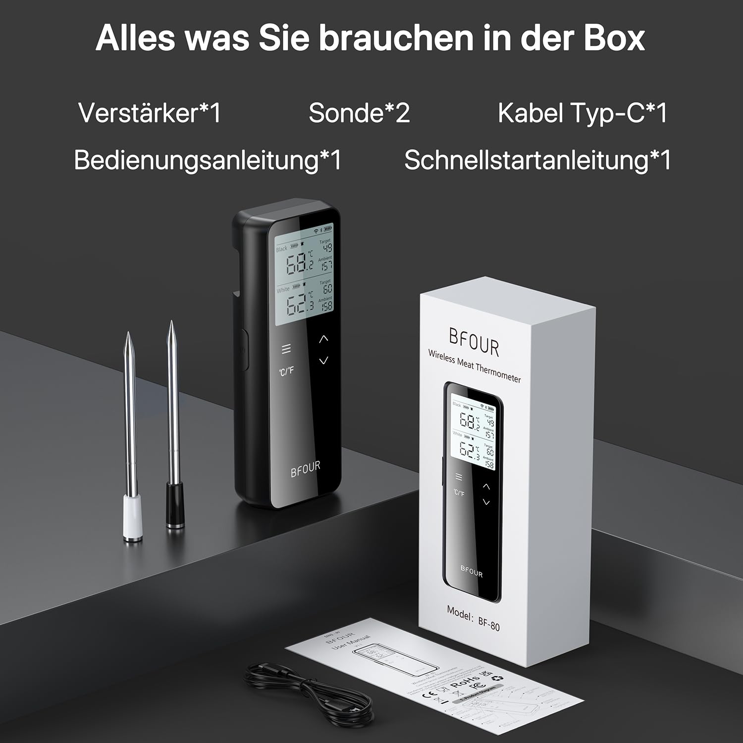Fleischthermometer mit Standalone-Basis, Bluetooth & WLAN, 2 Sonden, WiFi unbegrenzte Reichweite, Bratenthermometer für Grill, Raucher, Backofen & Grill