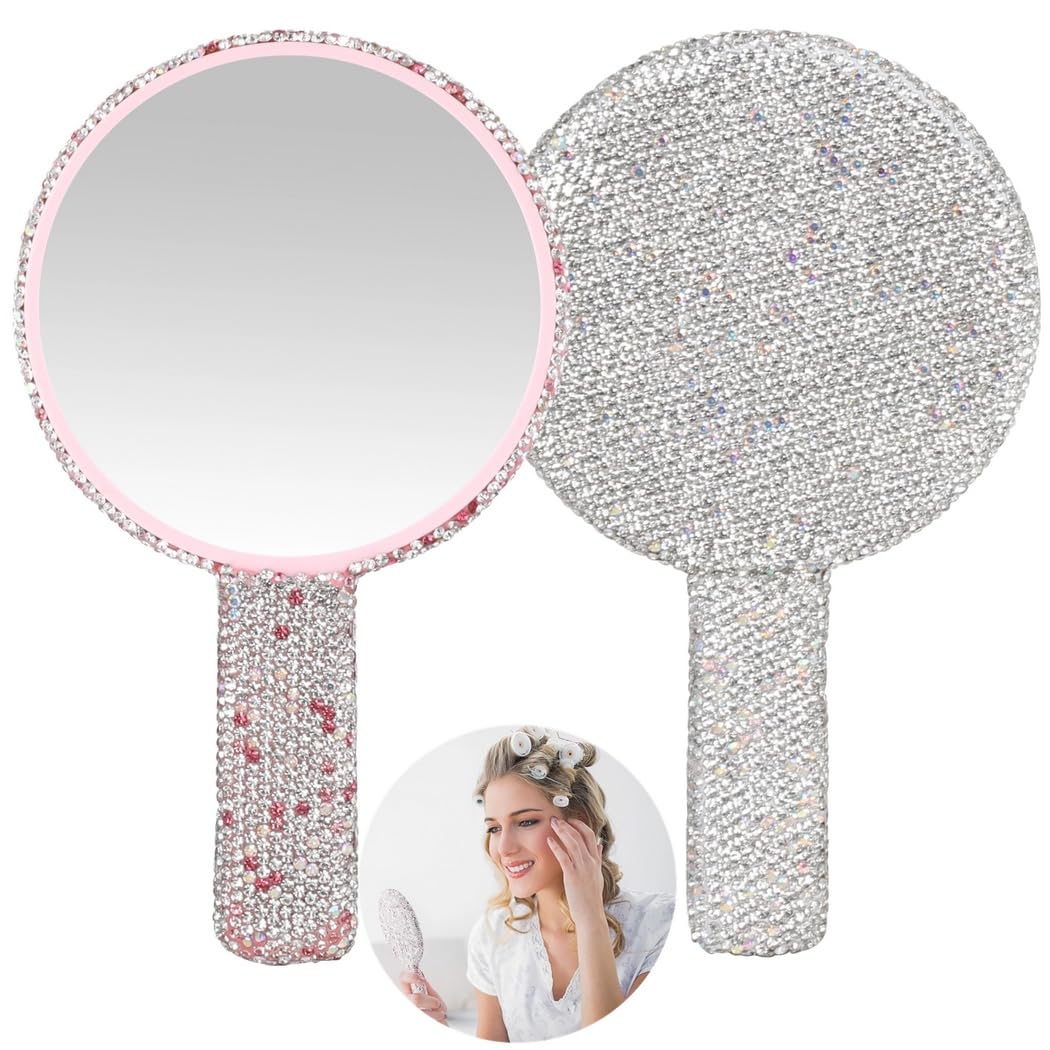2 STK. Strass-Handspiegel, Schminkspiegel für Damen und Braut, Vintage-Handspiegel, tragbare Deko-Spiegel für Hochzeit, Kosmetik und Salon, Rosa und Weiß