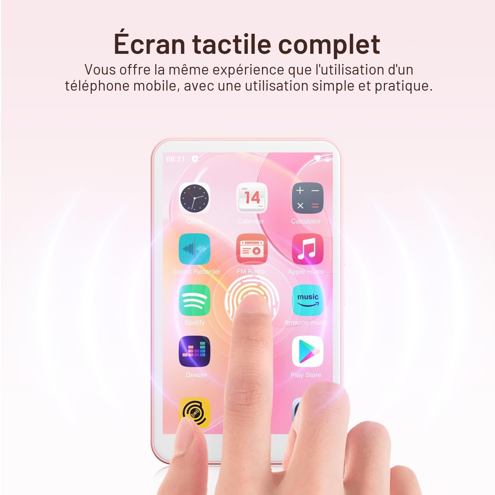 Lecteur MP3 avec Bluetooth et WiFi, Lecteur MP3 Portable Oilsky 80GB avec Spotify, Audible, Deezer, Lecteur MP4 à écran Tactile 1080P de 4 Pouces, Android 9.0 (Rose)