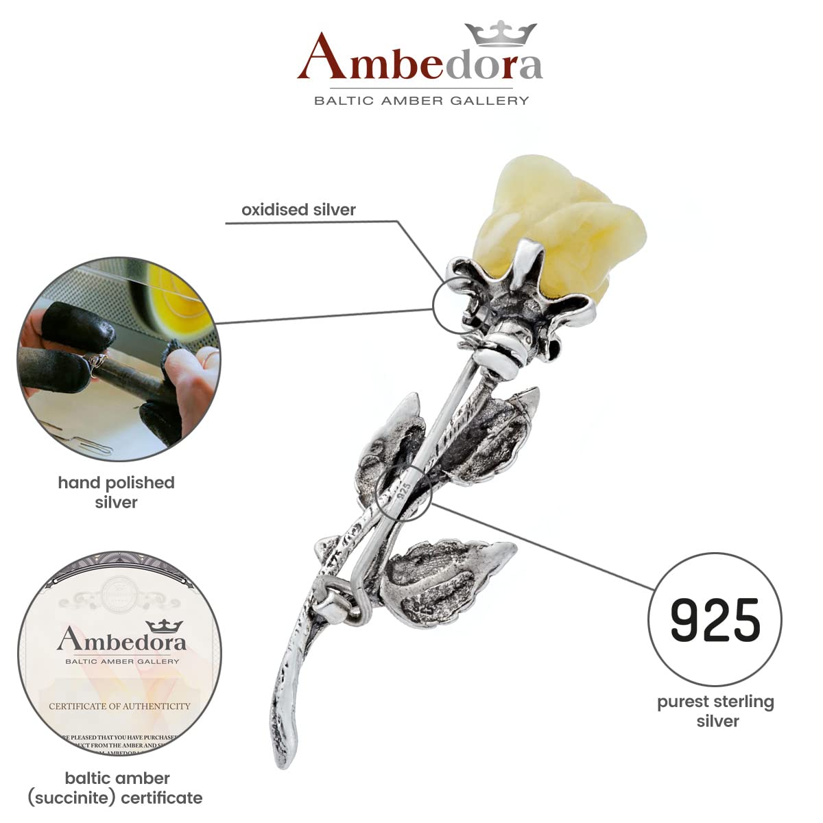 Damen Brosche, 925 Silber oxidiert, Bernstein Röslein handgeschnitzt, Silber Brosche mit Bernstein Rose in Milchfarbe 5g