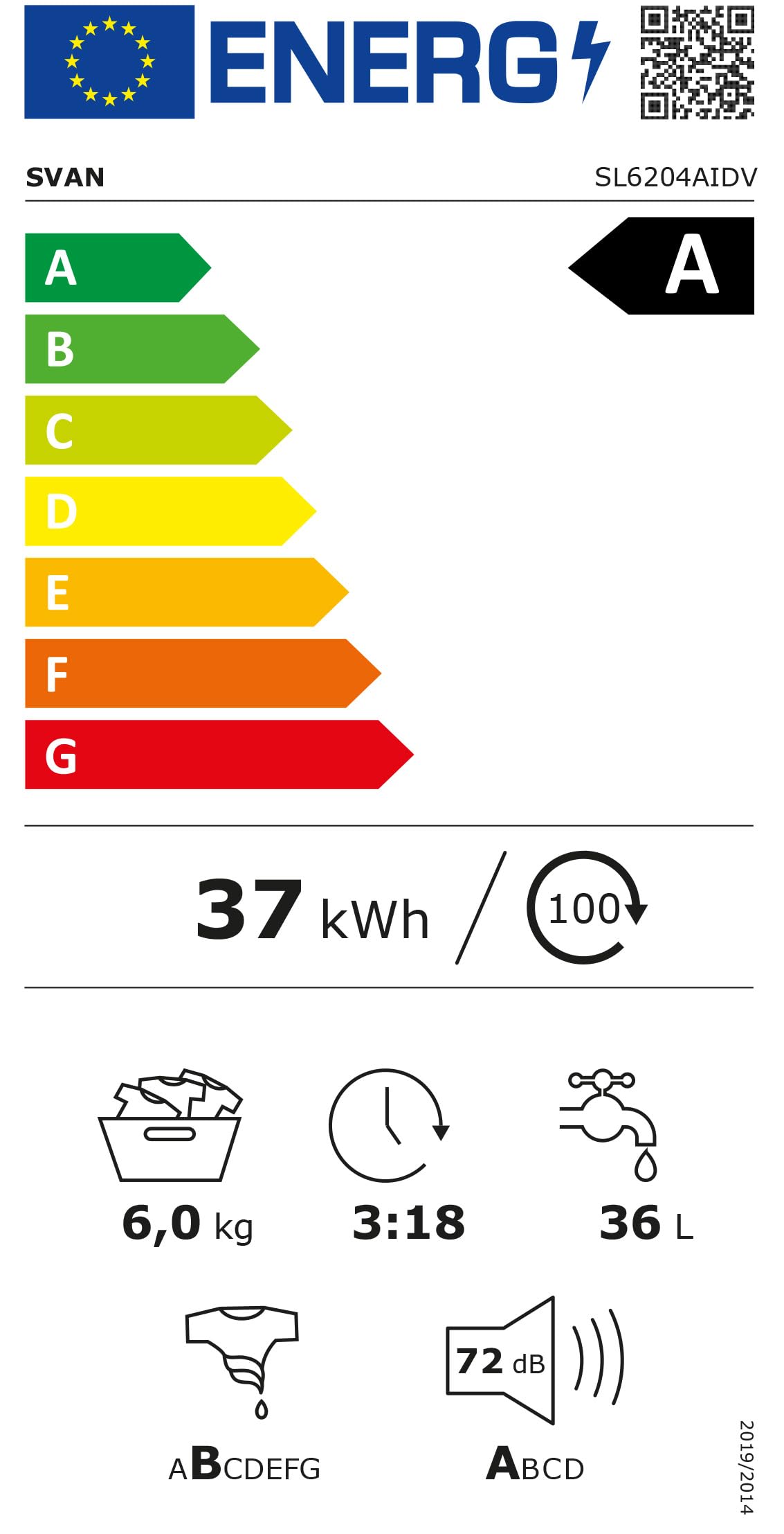 Svan Lavadora 6 Kg Carga Frontal, Blanca, SL6204AIDV. Motor Inverter, Clase de Eficiencia Energética A, Display Pequeño, Eco-Logic System, Tambor Acero Inoxidable, 15 Programas