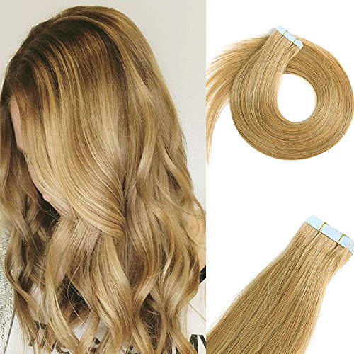 Tape in Hair Extensions Human Hair Strawberry Blonde 16 inch 30g #27 Glue in Tape on Extensions Silky Straight Skin Weft 20 Pcs/Package
