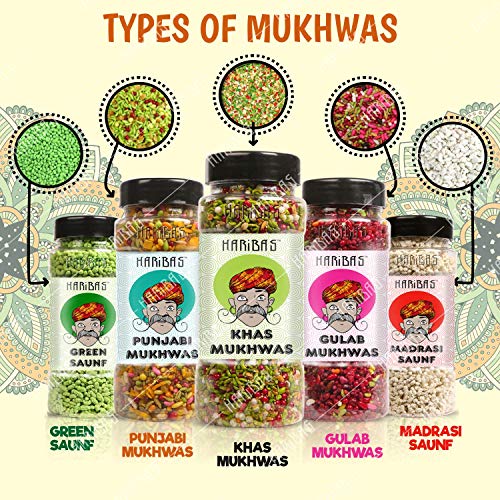 Image of HARIBAS Mukhwas Mouth Freshener PACK OF 5 with sauf mouth freshener, Green Saunf 180G, Punjabi 200GM, Khas Chandan 180G, Gulab 200 Gram and Madrasi white saunf 150G Bottle