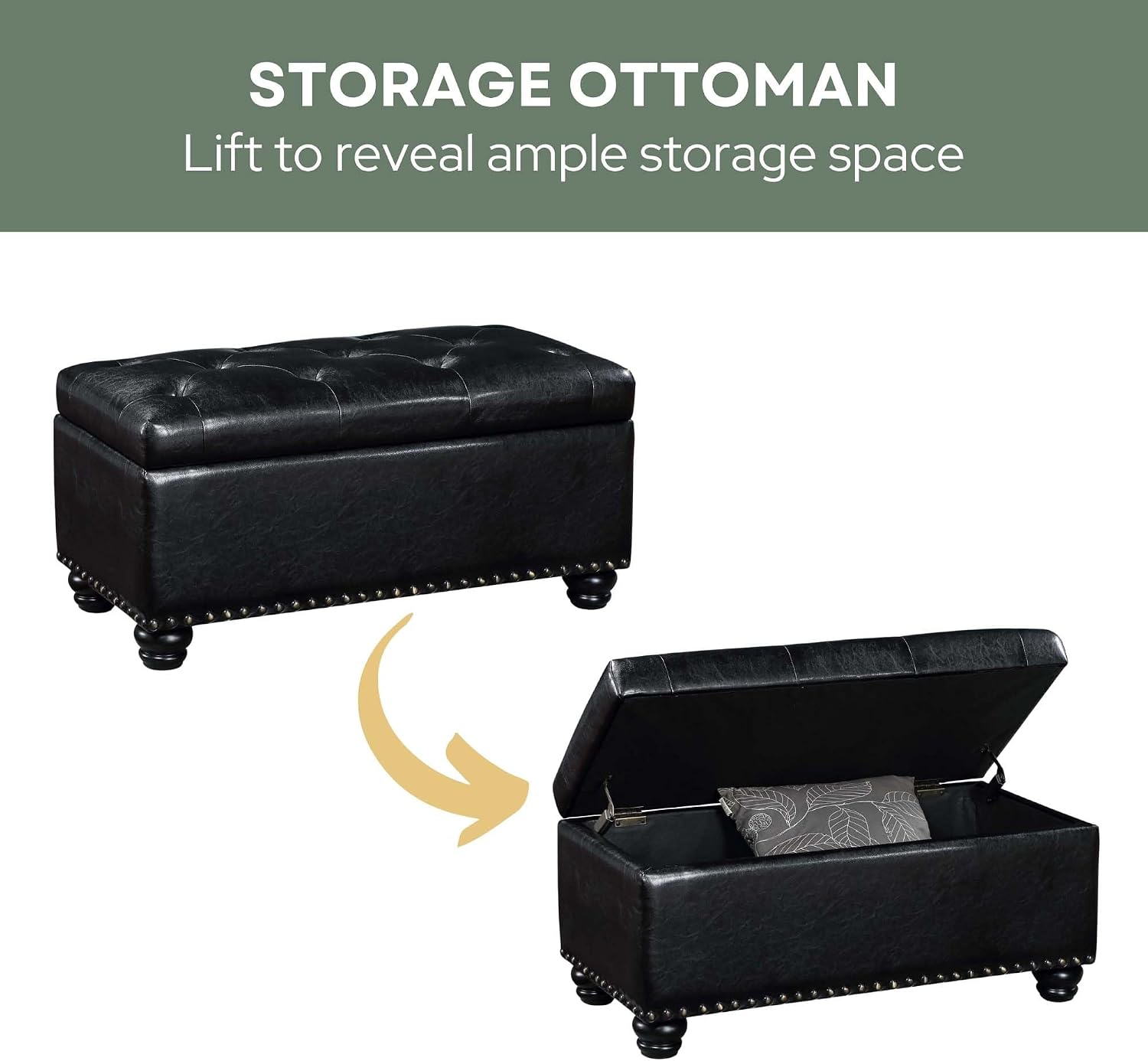 Convenience Concepts Designs4Comfort 7th Avenue Ottoman Bench 35.5" - Modern Upholstered Footstool & Seat with Hinged Lid & Storage, for Living Room, Bedroom, & Entryway, Black Vegan Leather