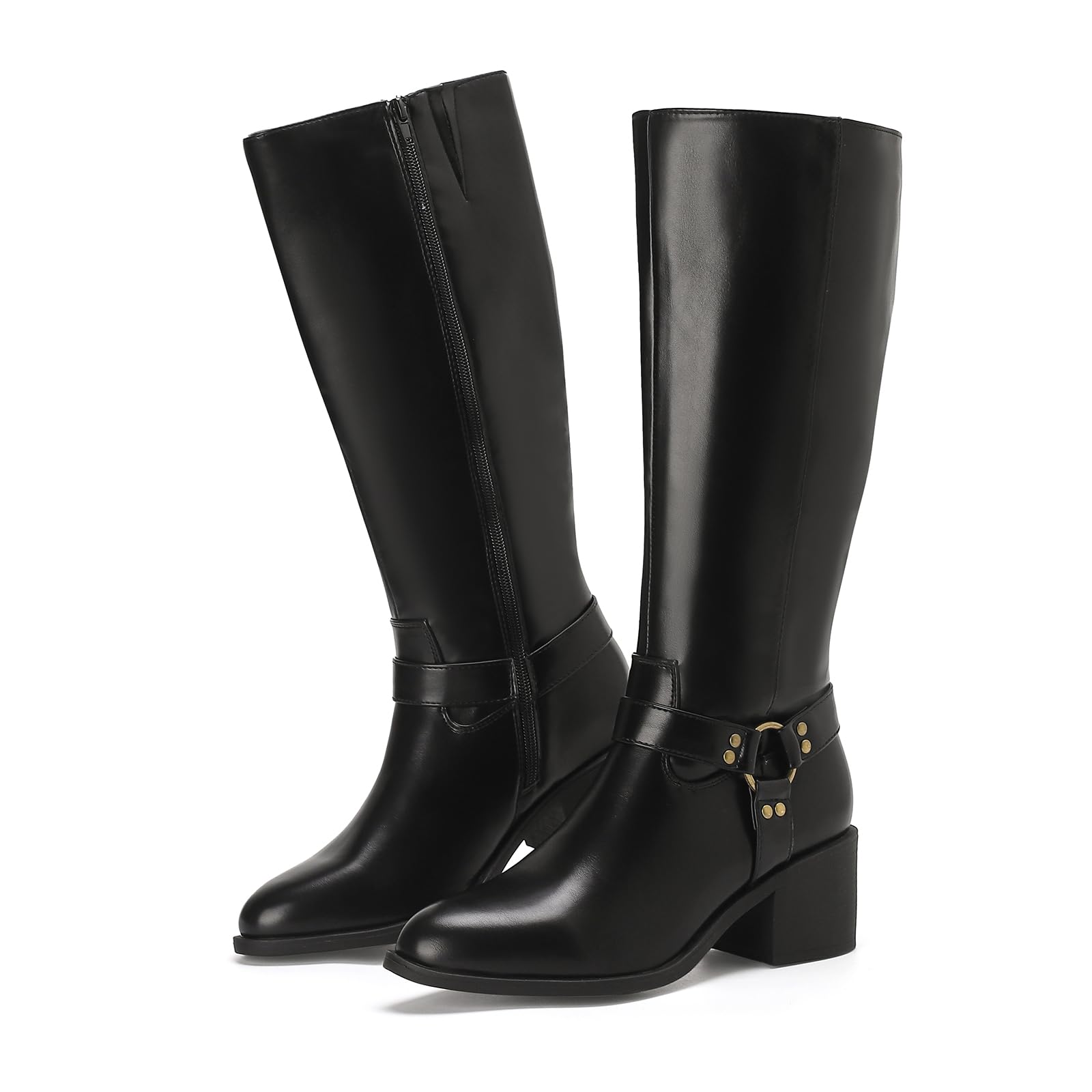 Putu Damen Stiefel mit Plateau Modische Reitstiefel mit weitem Schaft Blockabsatz Reißverschluss Bequeme kniehohe Langschaft Stiefel