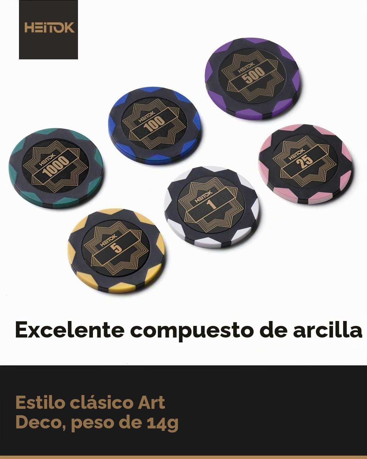 HEITOK Set de Fichas Poker Clay Composite 500 pzs 14g con maletín | 500 fichas, 14g, clay composite, valores numerados, 2-10 jugadores, Texas Holdem y Blackjack