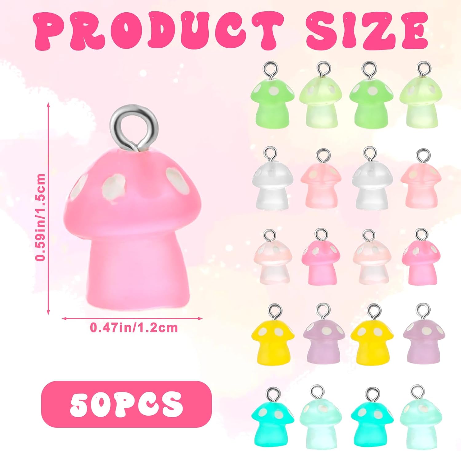 50 Pcs Mushroom Charms Glow in The Dark Pendant Colorful Mushroom Resin Charm Beads Ornament Cute Pendant DIY Decor Making for Keychain Bracelet Necklace Earrings Jewelry Making - Image 2