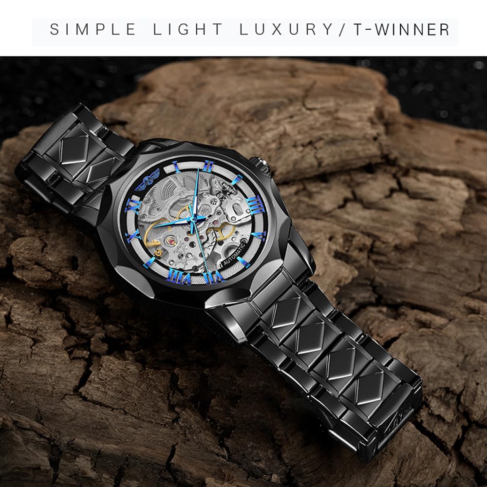Tiong Relojes automáticos de moda, reloj de pulsera mecánico dorado para hombre, relojes de esqueleto con esfera transparente de acero inoxidable, TW1239-negro, Mecánico