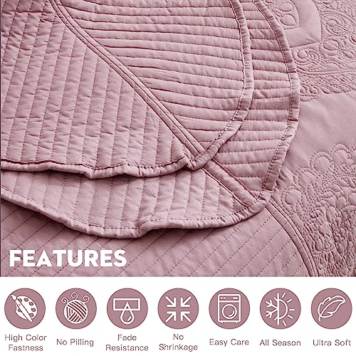 Image of HZ & HY Oversized King Bedspreads, Stitched Damask, Mauve Shadows | Generous Coverage, 5-Piece Quilt Set, Lightweight Reversible Coverlet, Scalloped Edge, King /Cal King