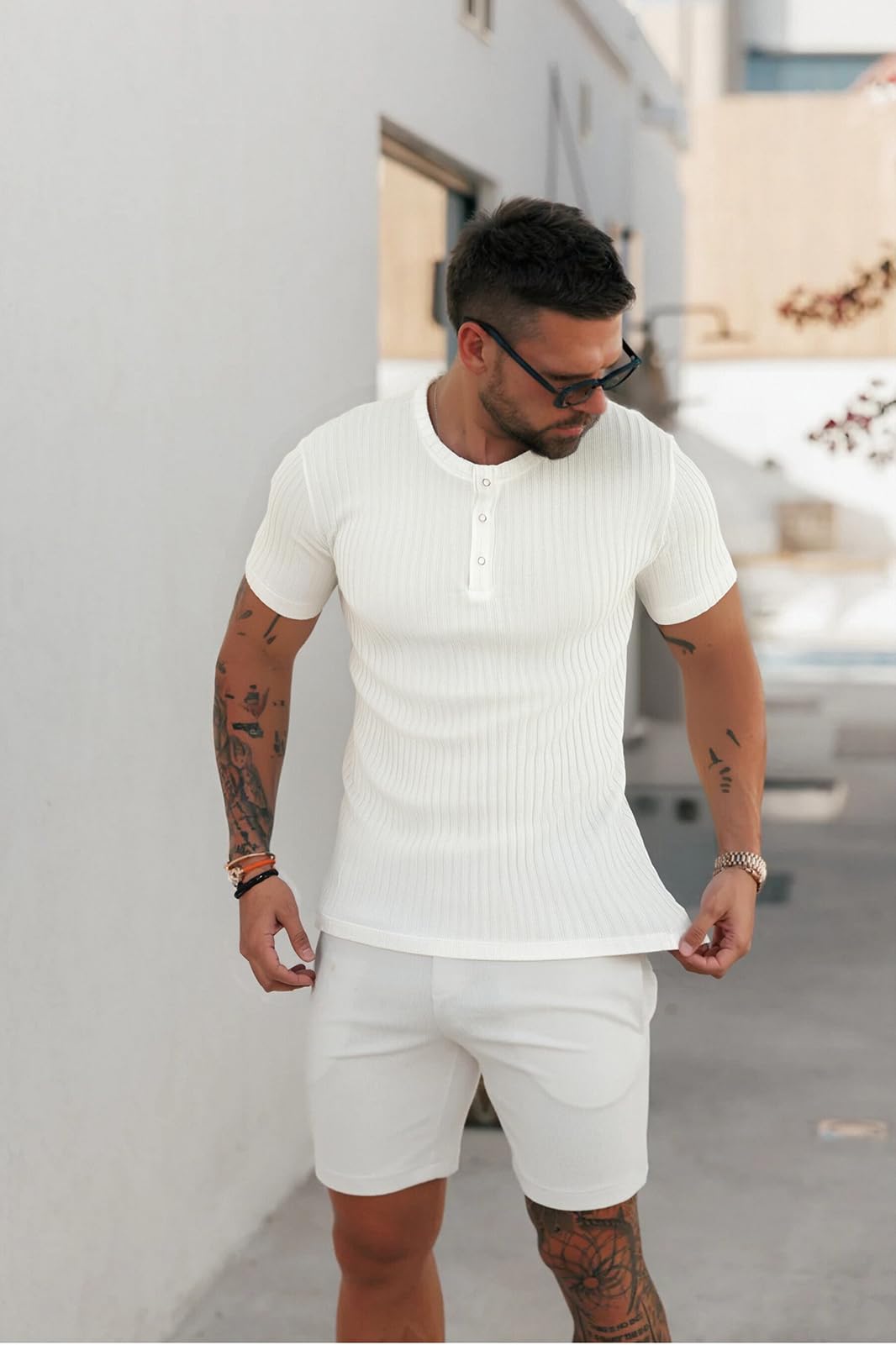 Muscle Cmdr T-Shirt Homme, Coton À Manches Courtes/Longues Henley, Casual Henley Hauts pour Fitness Tee Shirt, Noir Ou Gris, Marron, Taille L