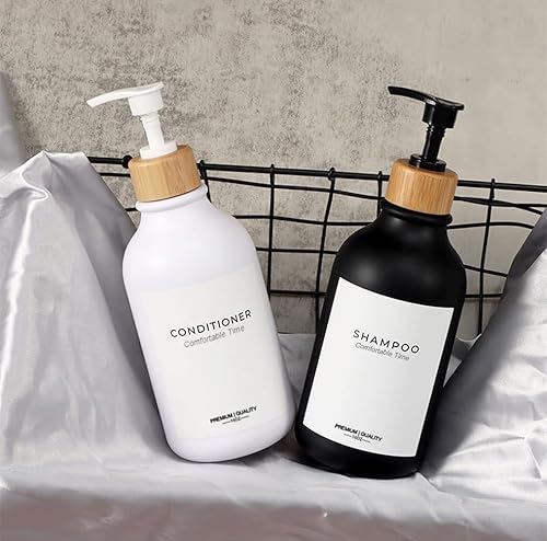 Miniatura 8 de Botellas de champú y acondicionador resistentes esmeriladas, dispensador de boticario, bomba de bambú, botellas de champú recargables para champú,