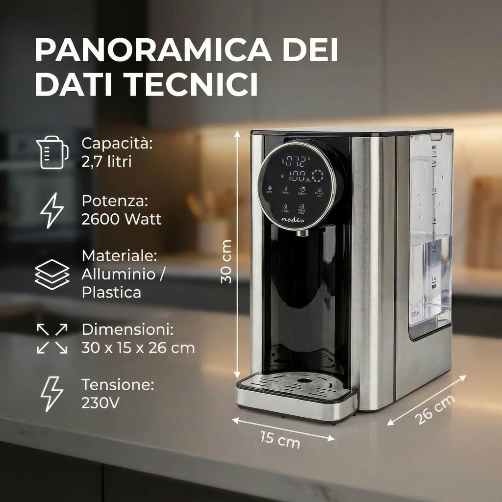 Nedis KAWD310FBK erogatore di acqua calda – serbatoio da 2,7 L – potenza 2600 W – riscaldamento rapido – controllo touch – alluminio/nero