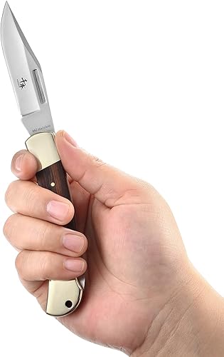 Miniatura 8 de cuchillo plegable de la cerradura posterior 4in 440a cuchillo al aire libre afilado arena mango de cobre de madera de oliva con funda de cuero